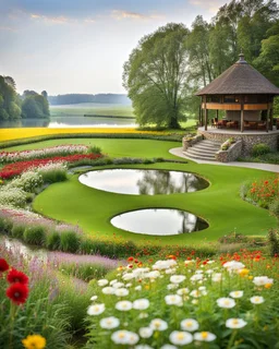 a round stage in country side in center of picture ,green field ,flowers , small river