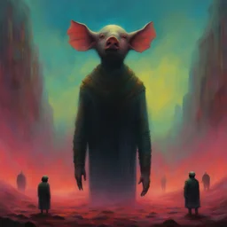 Beksiński style colourful gaming movies cinema a pigman being praised