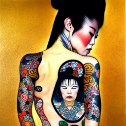 dibujo al oleo de cuerpo entero de una mujer yakuza con tatuajes estilo Gustav Klimt