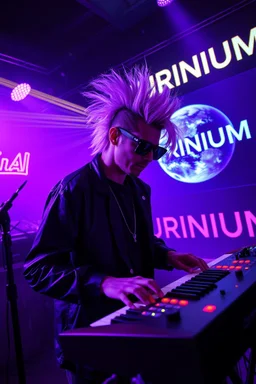 French cool synth player with crazy techno acid hair, he is called "Jean-Maurice Brûlée" performing at dance club, his name is "Jean-Maurice Brûlée" , white and purple Neon lights and purple smog, yellow water shower rain sprays, and "URINIUM" big sign on the wall, he is playing on synthesizers on stage with lot of laser beams and wearing black sunglasses, an earth is projected in background