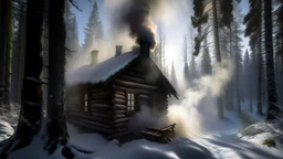 cabin in forest in winter light smoke from chimney