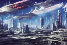 A Spaceship is taking off from a buzzing Space port on a heavy industrialized planet with a futuristic city in the background, retrofuturistic, art by John Berkey, buildings with glass facades, brutalist architecture, insanely detailed, vibrant, 8k uhd, cinematic atmosphere, ultra-wide angle, street level view, brush strokes, blue sky with clouds, dramatic sunset, sharp focus