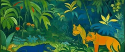 A dark blue jungle with tigers and chameleons painted by Paul Gauguin