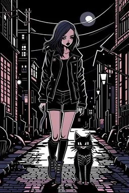 Punk girl with the black cat on the small town street, at night, graphic style, Margot robbins style highly detailed, brown hair, long legs, heavy boots, fishnet stockings, black jacket