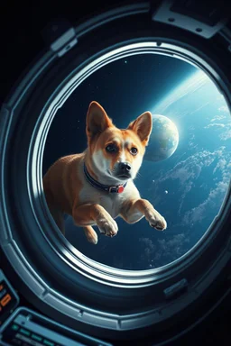 Laika the dog floating in the small cabin inside the spacecraft, looking at the Earth through a small window, with the vast space surrounding her.