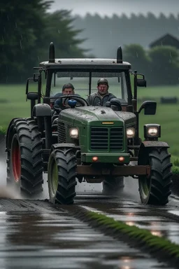 A farmer car driving a tractor in the rain.