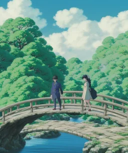 Handsome man standing over a broken bridge with beautiful girl on the other side of the bridge, realistic, fantasy, acrylic art, neverland