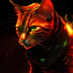 A realistic humanoid cat, sunset orange fur, blood red stripes, Wearing black leather armour, Glowing green eyes, shrouded in shadows, mid air fly kick, sparks and flames surrounding, piercing left ear