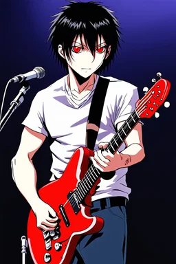 1man, 30 years old, playing electric guitar, at a midnight concert, manly facial features, red creepy alien bug eyes, black hair, athletic build, correct hands, in the style of manga "Rosario+Vampire"
