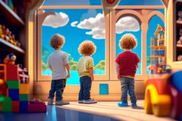 a little boy with curly blond hair is standing with his back to us, looking at toys (stuffed animals, building blocks, trains, legos, rocking horses) in a toy shop window Nikon D850 digital painting fantasy 4k very attractive fantastic view ultra detailed 4K 3D cinematic postprocessing in sunshine