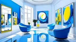 interior de habitacion azul con espejos amarillos y grandes cuadros modernos en tono blanco