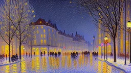 Winter night, lanterns, modern city, cars, alfred sisley impressionism painting