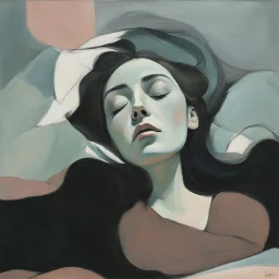 create a wildly imaginative, figurative, gestural, abstract expressionist painting of a sleeping woman in REM sleep , with highly detailed facial features , sharply defined, boldly lined, in muted dark pastel colors