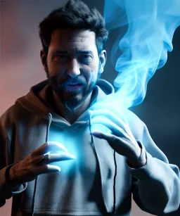 Realistic image, waist up view, a guy making the fuck off gesture with his hand, blue smoke coming out of his nose and mouth, happy. Latex cloth, inflatable hoodie, soft color, highly detailed, unreal engine 5, ray tracing, RTX, lumen lighting, ultra detail, volumetric lighting, 3d, finely drawn, high definition, high resolution.