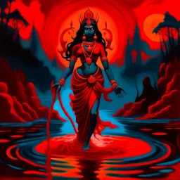 An oil painting of goddess Kali crossing a lake, neon red colors,