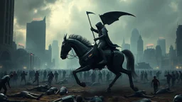 cyberpunk interpretation of Bruegel's "The Triumph of Death", capturing the symbolic "harvest" of humanity. this is terror. A dystopian metropolis under smog sky, where cybernetic grim reapers are executing physical harvest. Many of humans citizens killed an army of cyberwarrior androids and robots, panicking running people, many bodies lying on the ground. a cyber-death warrior in black hood with futuristic gun on a mechanical robot horse, thriller, detailed, cinematic