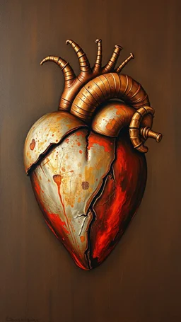 Bosch style painting , A rusty metallic heart in details on brown background