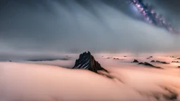 A surreal night-time scene featuring a sharp mountain peak rising through a thick layer of fog. Only one single peak is visible, The mountain's dark, jagged silhouette contrasts against the soft, pastel hues of the fog illuminated by moonlight. Above, the night sky is adorned with countless stars and a segment of the Milky Way, adding a sense of wonder and vastness to the scene. The overall atmosphere is mystical and serene, capturing the beauty of nature in a high-resolution, panoramic view