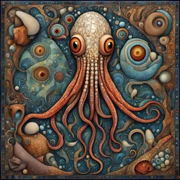 (pronounced mosaic textures:1.5), Enhanced surrealism, weirdcore aquatic squid contrivance, unregulated absurdity, by Desmond Morris and Max Weber, mind-bending neo-surrealist image, mosaic art,