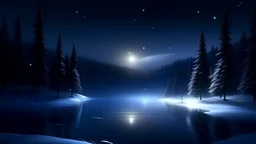 Christmas,dark winter night,fir forrest scenery,a small city,mist,forest,night,snow,fir tree,night ,stars,city lights on a distance,cloud,frozen lake reflections,,dramatic scene,photorealistic