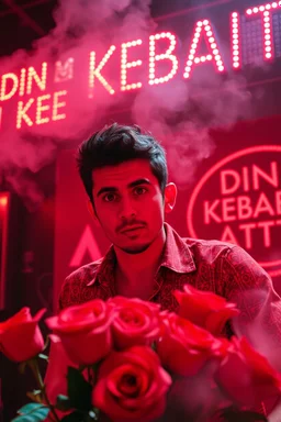 An spanish Guy with big eyes "Enrique" performing at dance club, his name is "Enrique" Red roses On stage, red Neon lights and smog, and "Din KEBAB I NATT" big sign on the wall