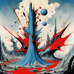 Bankruptcy of creative destruction, asymmetrical surrealism, dramatic distressing, by Gerald Scarfe, by Yves Tanguy, color splash, splash art, red and blue dual color scheme, zero sum game.