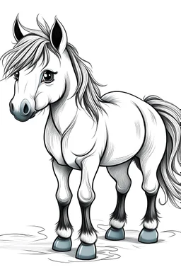 realistic cute pony, black and white, white background, clean lines, coloring page for kids