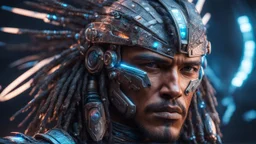 photorealistic Apache warrior cyborg marauder opalescent, interstellar galactic particles stream event horizon, quantum wormhole