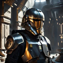 star wars bald male corellian pilot wearing pearlescent black and gunmetal grey First Order special forces heavy assault armor and helmet with gold trim inside the jedi temple, centered portrait, hyperdetailed, dynamic lighting, hyperdetailed background, 8k resolution, volumetric lighting, light skin, fully symmetric details