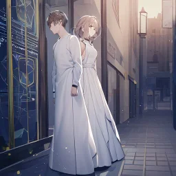 anime couple with day on one side night on the other, sunny day on the other half,ballancing scale, couple is standing back to back, white dress