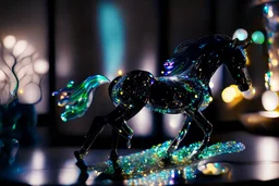 night, dark room, bioluminescent Coloured glass dynamically jumping horse set with gemstones, glittering metal stems and gemstone leaves on a room table sharp focus elegant extremely detailed intricate very attractive beautiful dynamic lighting fantastic view crisp quality exquisite detail gems and jewels S<AI Weight:1 Professional photography, bokeh, natural lighting, canon lens, shot on dslr 64 megapixels sharp focus Weight:0.9