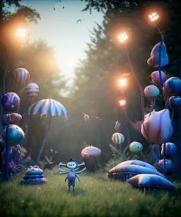 Tim burton photographer, Ultra realistic garden night scene, portrait, wide angle view :: child playing with feather pillows and sweet inflatable monsters, circus dress style, feather color, free jumping, soft color, highly detailed, unreal engine 5, ray tracing, RTX, lumen lighting, ultra detail, volumetric lighting, 3d, finely drawn, high definition.