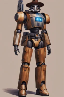 A Star Wars Combat Droid, Wearing Western Cowboy Clothes, Armour looks like Halo, Wearing a cowboy hat and a Cowboy Over-Coat.