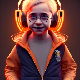 Harry Potter toddler, smile, cyberpunk headphone, sunglass, gangsta neckless, full body, orange puffer jacket, tokio background, dramatic lighting, hyper realistic, unreal engine 5, 16k