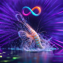 infinity symbol ∞ with vibrant powerful shrimp jumping out of the water, striking, neon, chiaroscuro, dramatic, captivating, powerful, fantasy, beautiful, octane render, 16k post-production, artstation: award-winning: atmospheric: commanding: fantastical: clarity: ultra quality: striking: brilliance: stunning colors: amazing depth; lens: f/11, 35mm