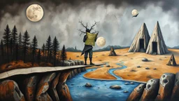 inner world this atypical world, in midle one alone human figure with a big map his hands in weird alternative clothes stands on the thin bridge , weird whimsical landscape, forest, and Sahara water and rocks,, around surreal cracked painted weird land with some black doors. dark purple, gray, black, white, brown. Whimsical style of Chagall , of Minjae Lee and Anton Semenov, lonely with absurd beauty. broken, weird bizarr,e absurd nightmare, neuron network background, surreal vibe
