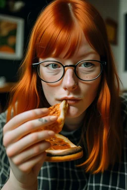 girl with ginger hair in a fringe with glasses and a septum piercing eating a toastie