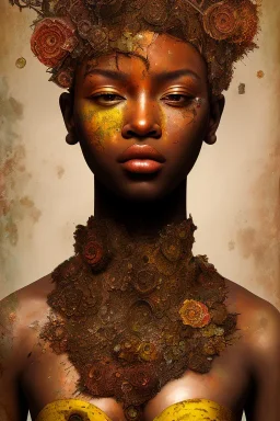 an abstract painting of rusted metal and flowers, african portrait, rust, scaffolding, iron cladding, decay, mixed media, textured, anatomically correct, beautiful perfect face, sharp focus, highly detailed