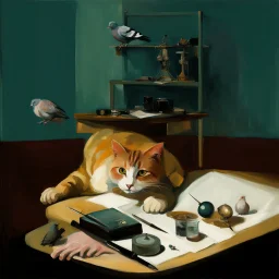 UN conference.a cat looking at a pigeon,human flesh-like surgical instruments and universe-like neuralink, surrealism,symbolism,minimalism,Painting By Adrian Ghenie, Rene Magritte, Salvador Dali, Lucian Freud