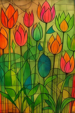 tulips in spring; paul klee; ink wash; neon metallic paints