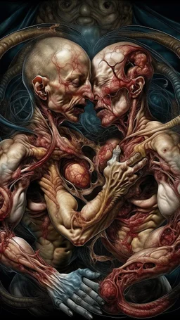 cinematic gore Bosch style photorealistic fleshy dmt lsd photo of 2 conjoined mangled embryonic bodies making love wrestling with a zipper, 1 soul vortex, complementary, anatomically fragmented, ripped apart again being flayed, skinned alive. A beating heart, muscles, blood vessels, bowels, entrails are exposed. Visceral anatomy. physiology. Bosch and Dali inspired hallucinations. mythology. grotesque.