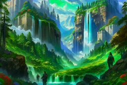 The land of scandinavia, forests, waterfall, travelers on their way, beautiful scenery, 8k, high detail, digital painting, concept art, art by john stephens