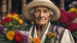 elderly Victorian female market trader selling all kinds of exotic flowers, showing his head and upper body, perfect eyes, perfect anatomy, exquisite composition, beautiful detailed intricate detailed octane render, 8k artistic photography, photorealistic, soft natural volumetric cinematic perfect light, chiaroscuro, award-winning photograph, masterpiece, raphael, caravaggio, bouguereau