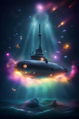 Party submarine in the dark waters under the disco lights surrounded by blast wave