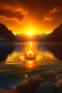 Chamanisme, God, Water, air, little light fire on earth, Real swiss Greenland mountain, ocean landscape, fire heart nice lotus flour, Joy happiness, hyper real, sunrise on mountain, sirius star