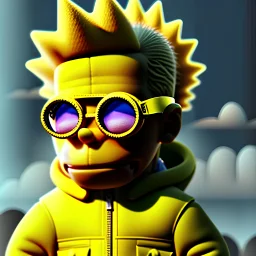 Bart Simpson toddler, steampunk headphone, sunglass, gangsta neckless, full body, yellow puffer jacket, tokio background, dramatic lighting, hyper realistic, unreal engine 5, 16k