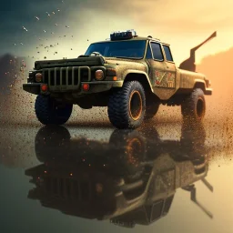 hyperrealistic shot, military toy truck, earth color palette, sharp focus, puddle reflection, tire water splash, refraction, lens flare on the horizon, shadowcast, detailed and intricate, cinematic composition, micro, tilt shift photography