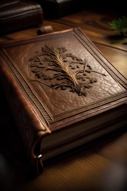 portrait of a brown leather bound book, an oak is embossed on the front cover, the book should look old and mystic