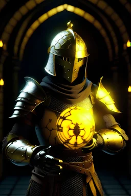 Medieval warrior, holding a glowing yellow smiley orb, HD, holy magic, knight of the templars, helmet