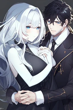 A beautiful young woman with long white hair and blue eyes, pale skin with opal freckles. Wearing a black dress. A man with long black hair in a Victorian suit. Couple.